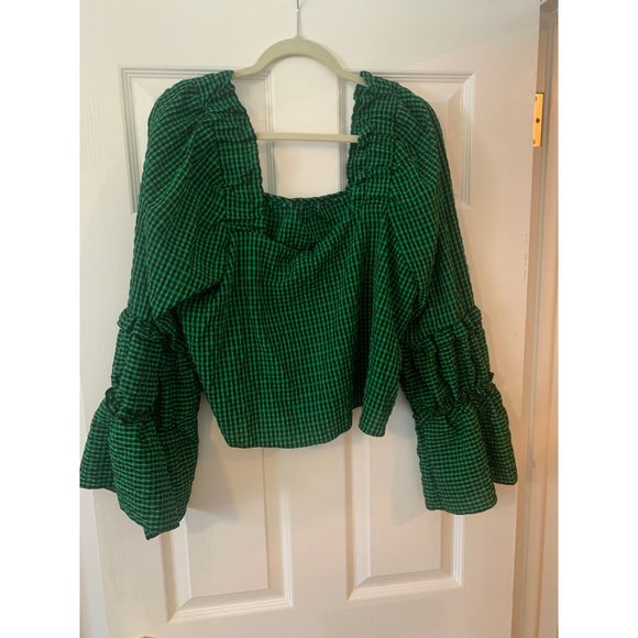 Topshop Green Black Ruffle Sleeve & Ruffle Neck Crop Top 14 - Picture 5 of 5